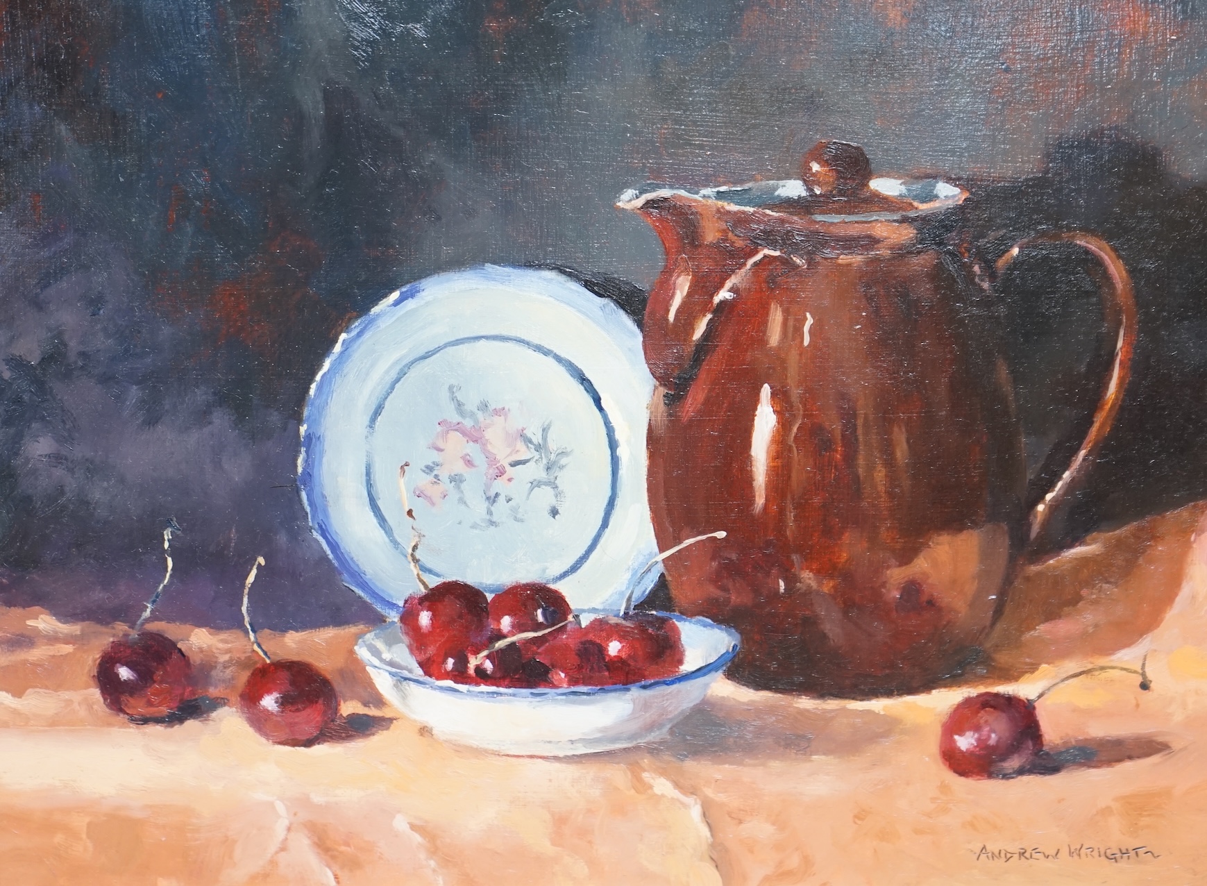 Andrew Wright, oil on board, Still life with cherries, signed, 21 x 28cm, gilt framed. Condition - good